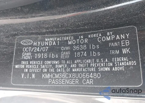 2008 Hyundai Accent Gs z USA, uszkodzony, nr VIN KMHCM36CX8U066480